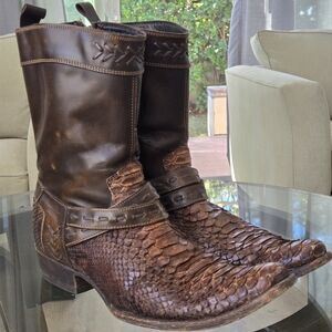 Cuadra Brown Exotic Python Leather Side Zip Ankle Square Toe Cowboy Boots Men's